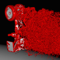 A snapshot in time of an iso-surface of the Q-criterion, which is a measure of the rotation in the fluid